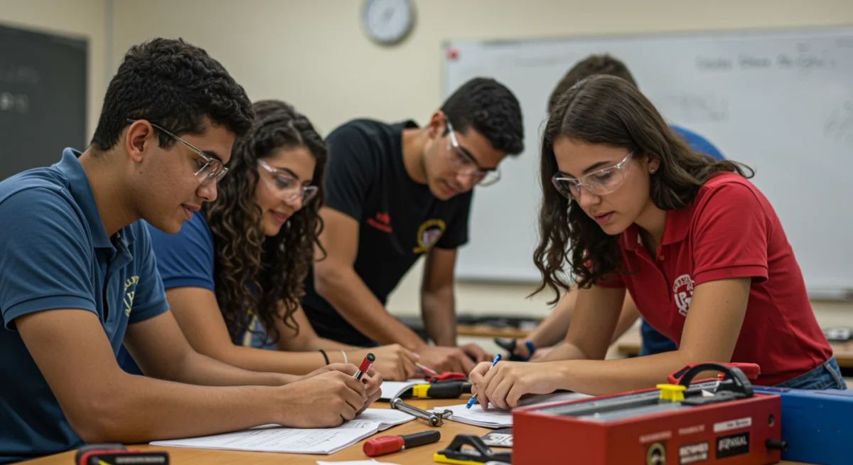 Alunos brasileiros em um laboratório, participando ativamente de um curso técnico prático, demonstrando aprendizado colaborativo.