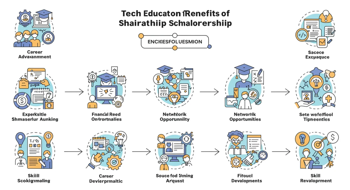 Infográfico detalhando os benefícios das bolsas de estudo em tecnologia, como avanço de carreira e alívio financeiro.