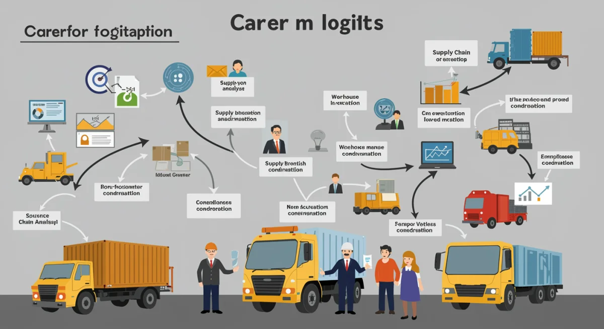 Infográfico detalhando as diversas carreiras e funções no setor de logística, como analista de cadeia de suprimentos e gerente de armazém.