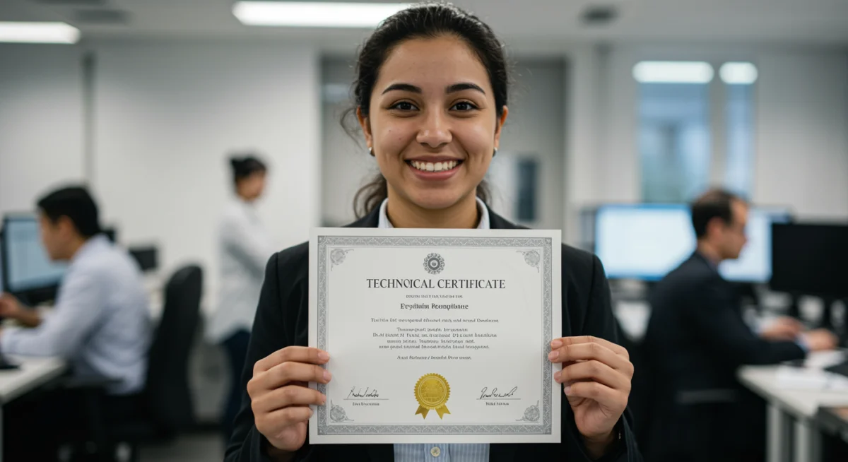 Pessoa segurando orgulhosamente um certificado técnico, simbolizando qualificação e reconhecimento profissional.