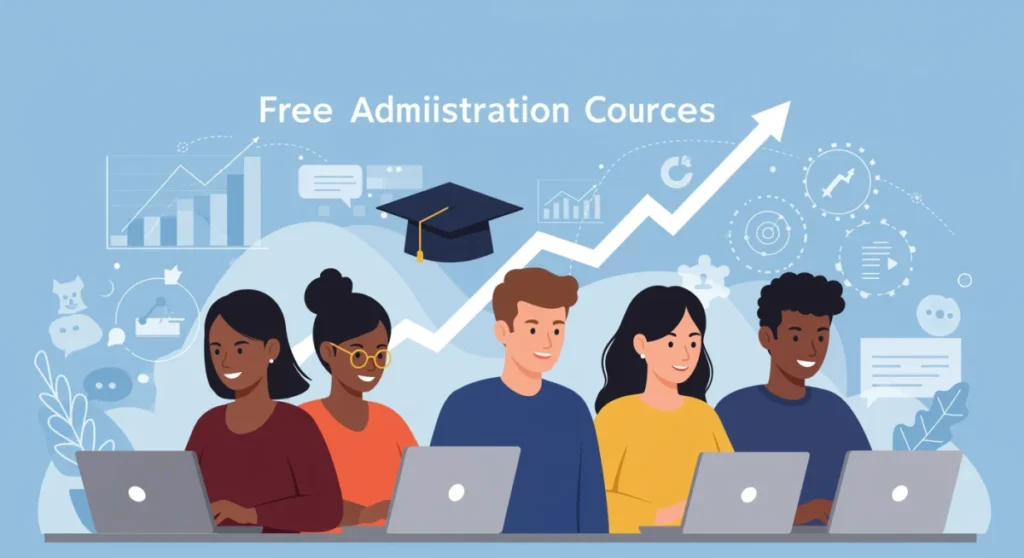 Pessoas diversas estudando administração online em laptops, com gráficos de crescimento ao fundo, simbolizando o impacto dos cursos gratuitos na abertura de negócios em 2025.
