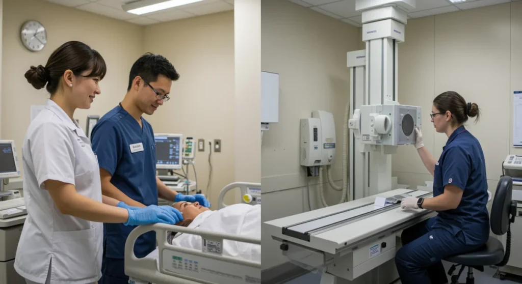 Técnico em Enfermagem prestando cuidados e Técnico em Radiologia operando equipamento, comparando as duas profissões.