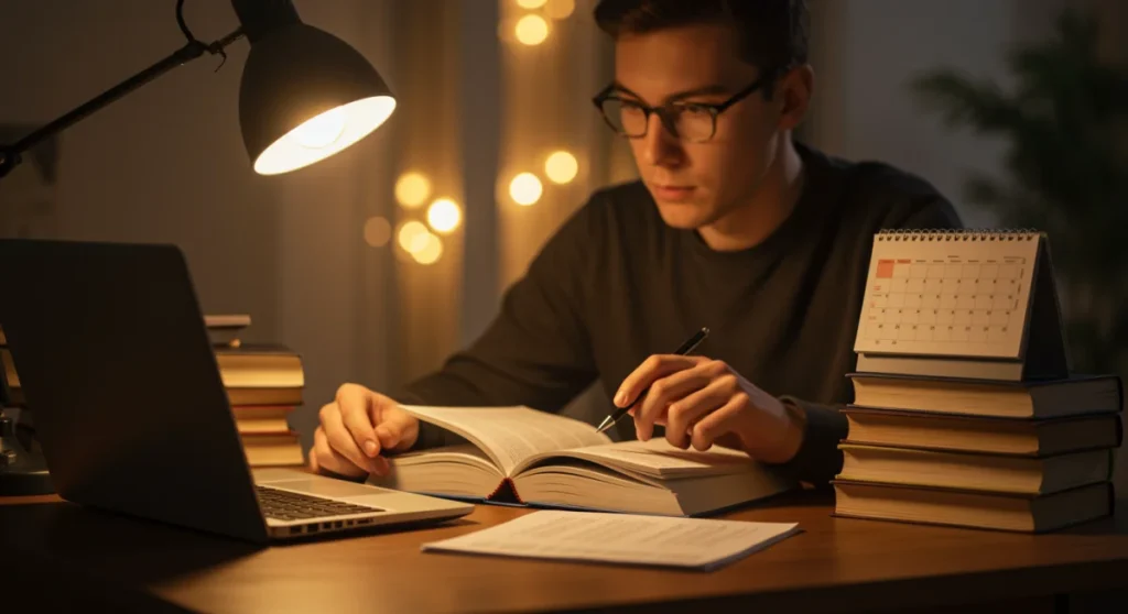 Pessoa estudando para concursos públicos enquanto trabalha, com livros e computador em uma mesa organizada.