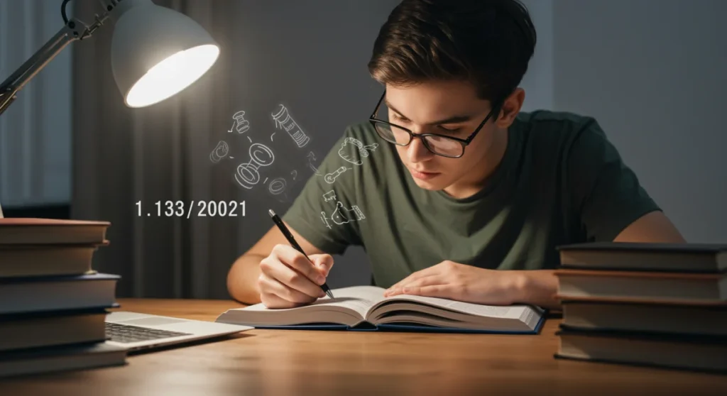 Estudante focado em preparação para concursos públicos 2025, com livros e computador, simbolizando a Nova Lei de Licitações.