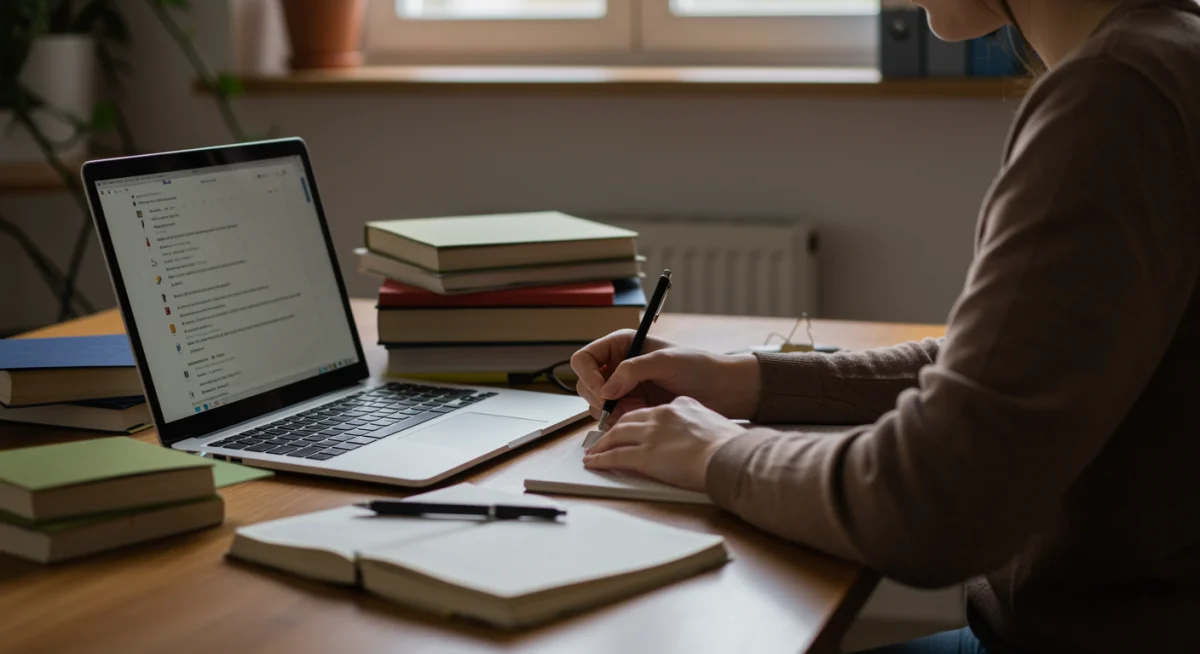 Estudante concentrado em um curso online gratuito, utilizando um laptop e materiais de estudo, em um ambiente de escritório em casa.