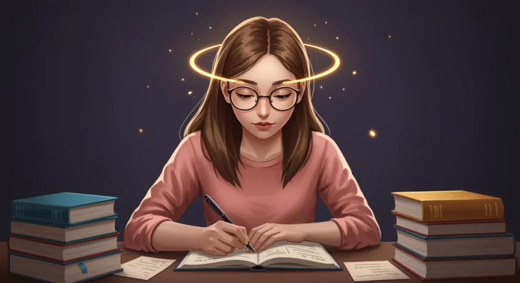 Jovem estudante focada em livros para concurso público, com expressão serena e determinada, simbolizando inteligência emocional.