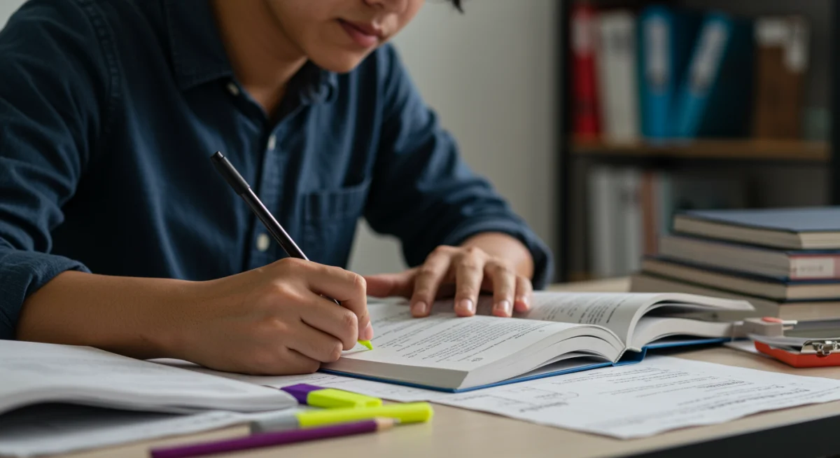 Estudante focado revisando anotações para o ENEM