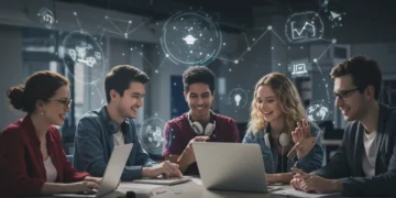 Estudantes diversos utilizando computadores e tablets em um ambiente de aprendizado moderno, simbolizando acesso a bolsas de estudo em tecnologia.