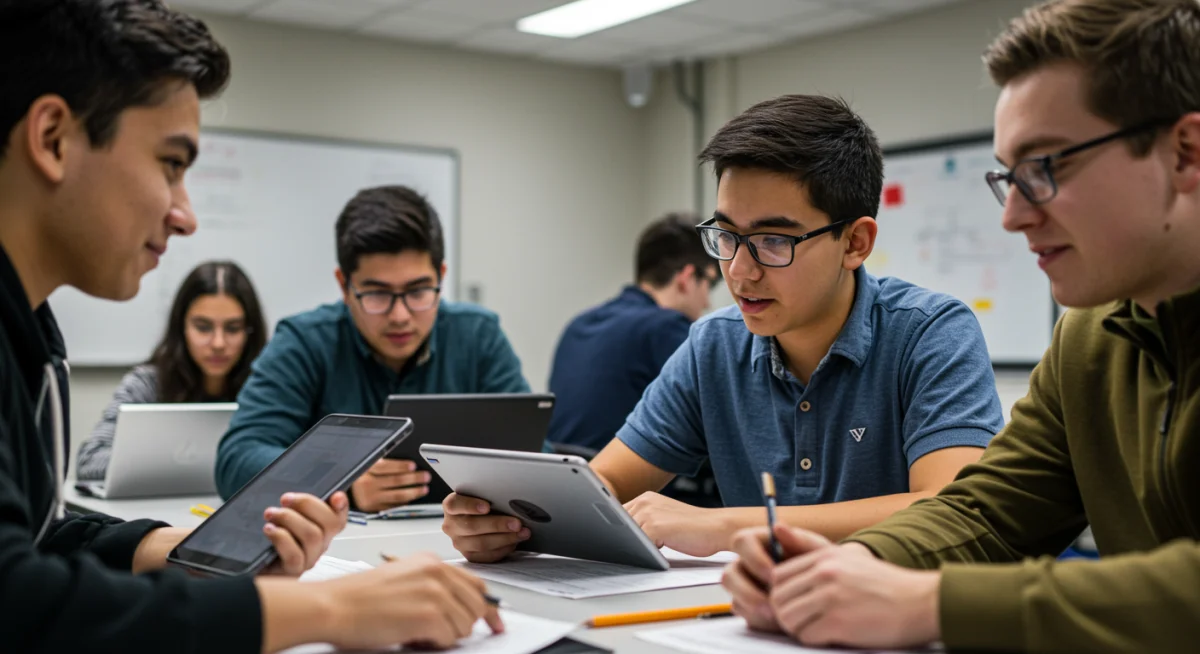Estudantes colaborando em sala de aula, representando a acessibilidade e o futuro da educação técnica.