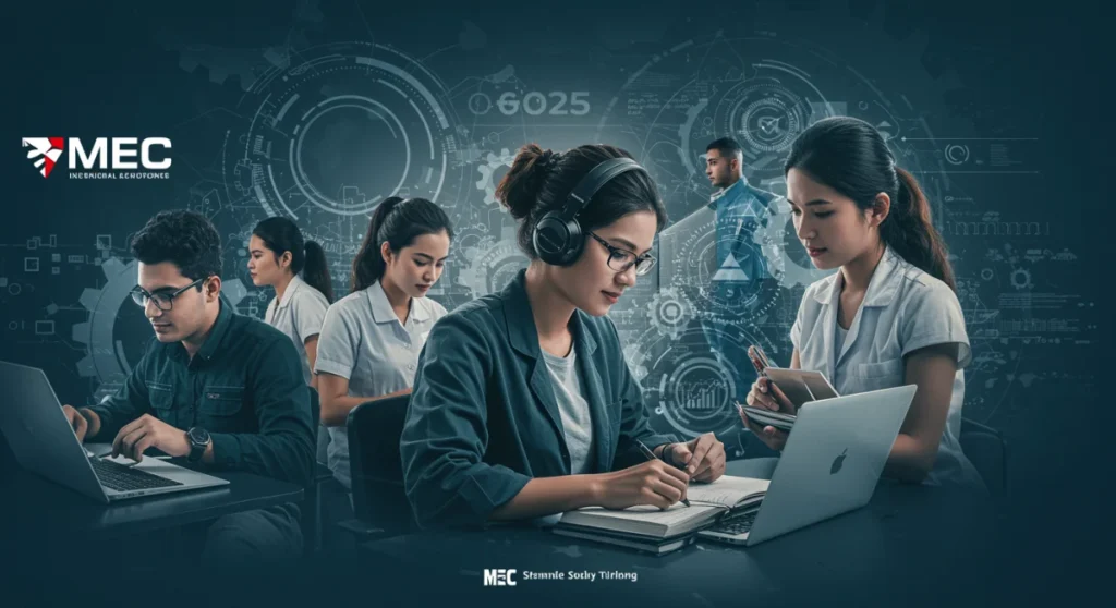 Estudantes diversos em laboratório moderno, representando as novas habilitações técnicas gratuitas do MEC para 2025.