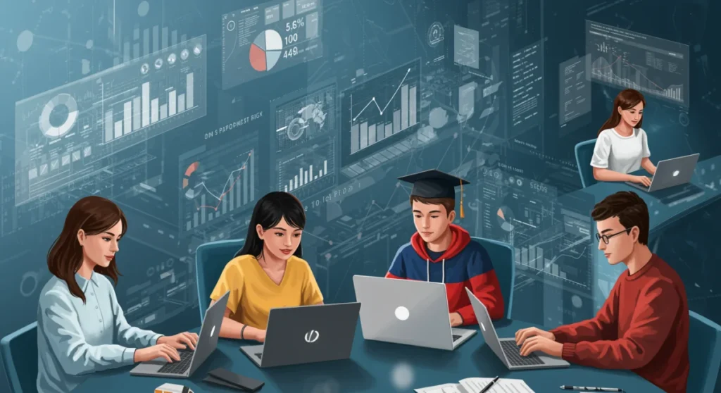 Estudantes aprendendo em um ambiente tecnológico, simbolizando cursos técnicos gratuitos em TI com alta empregabilidade.