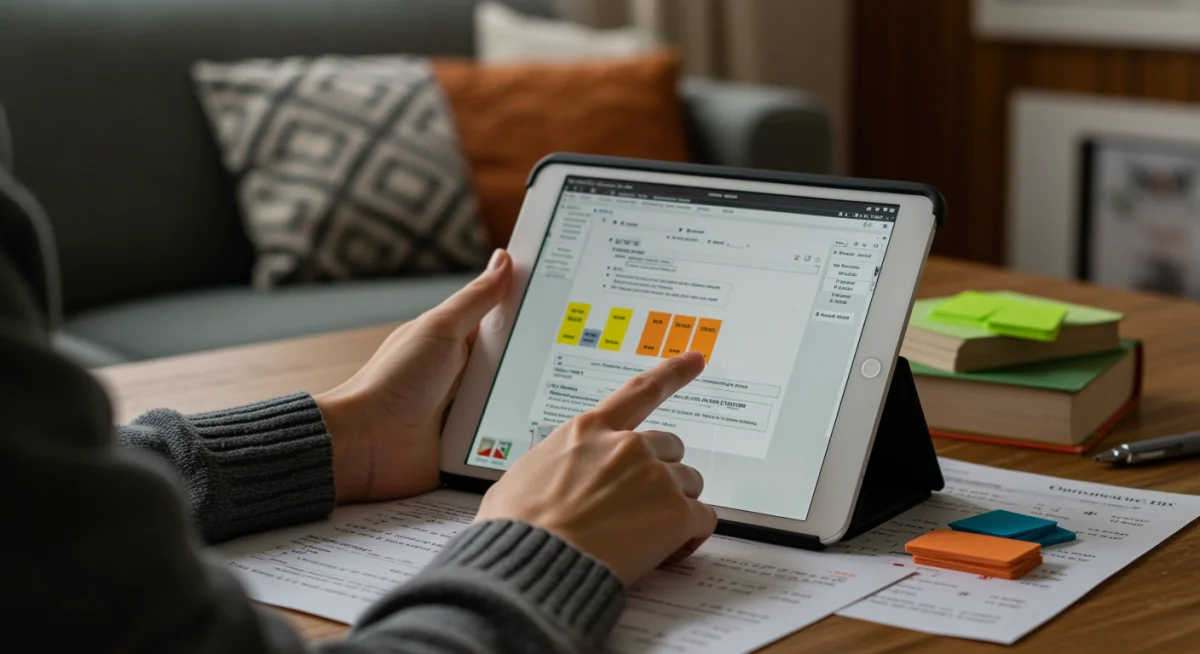 Estudante utilizando tablet para revisar conteúdo e resolver questões de concurso.