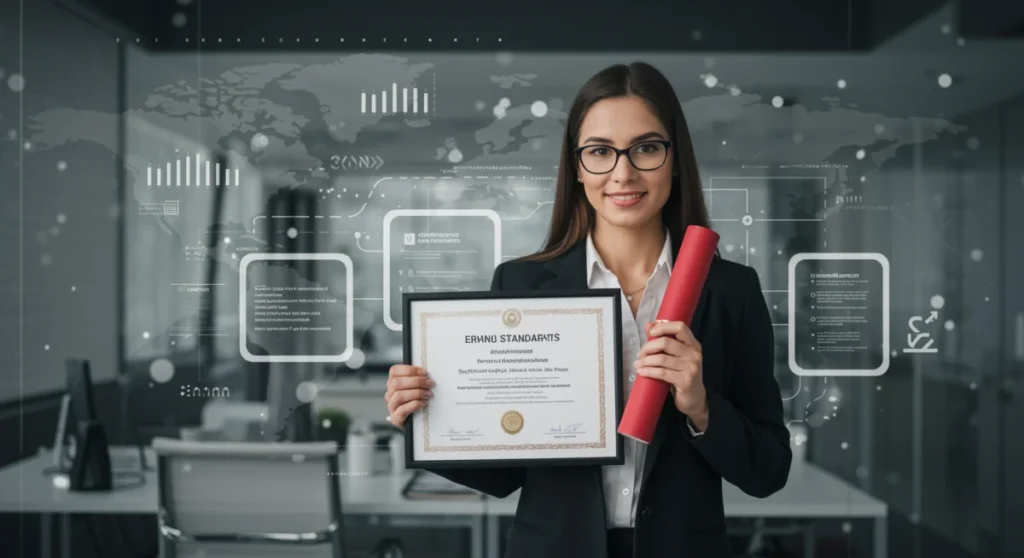 Mulher profissional segurando certificado, simbolizando a nova legislação para cursos técnicos gratuitos.