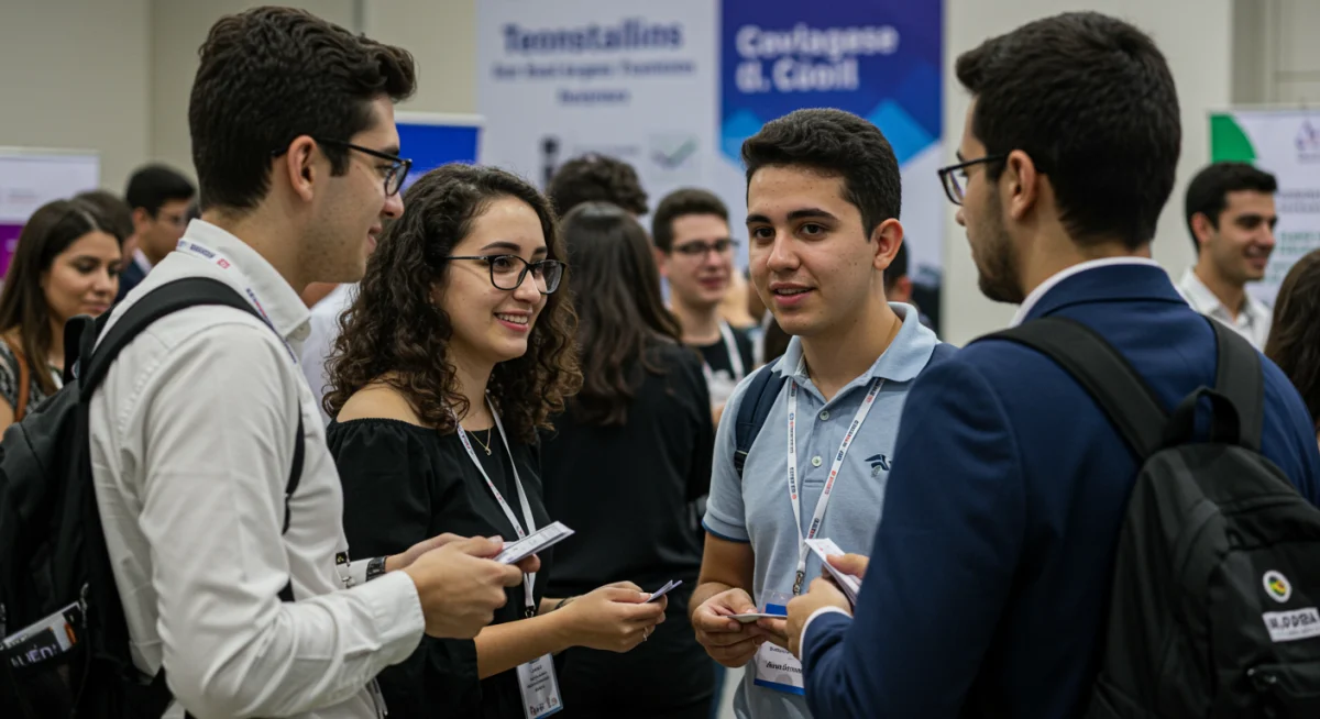 Jovens profissionais fazendo networking em evento de carreira no Brasil.