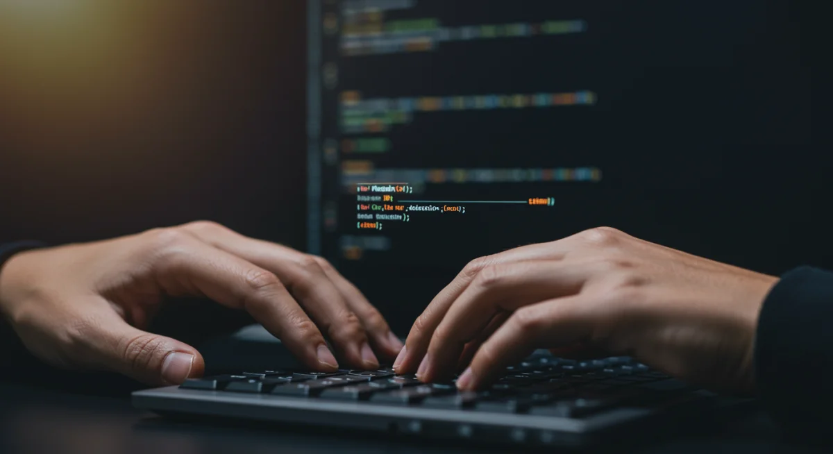 Mãos digitando código em um teclado, representando o desenvolvimento de software e programação.