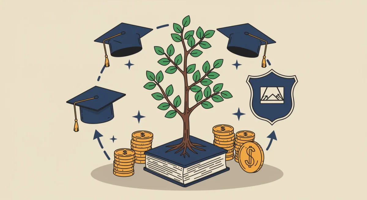 Ilustração de árvore de dinheiro crescendo de um livro, com bonés de formatura, simbolizando retorno financeiro da educação técnica.