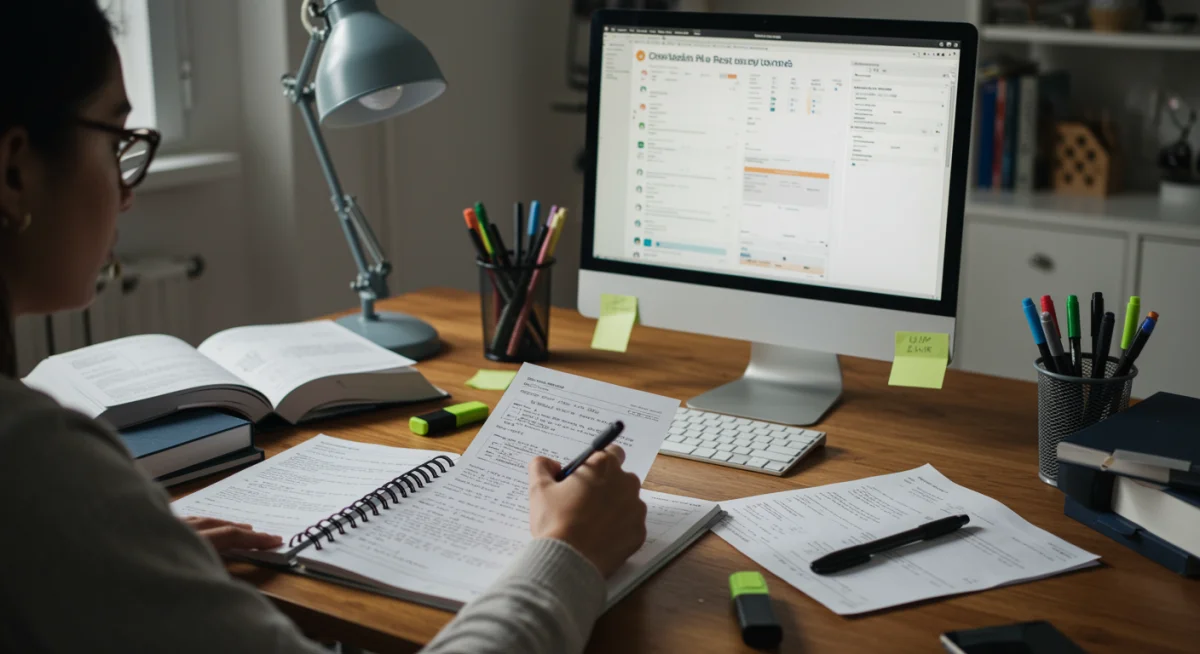 Pessoa estudando intensamente para concursos públicos, com materiais organizados e foco total, demonstrando a importância da preparação estratégica.