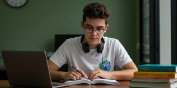 Estudante brasileiro focado nos estudos, preparando-se intensamente para o Edital ENEM 2026.