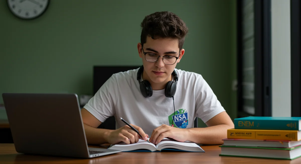 Estudante brasileiro focado nos estudos, preparando-se intensamente para o Edital ENEM 2026.