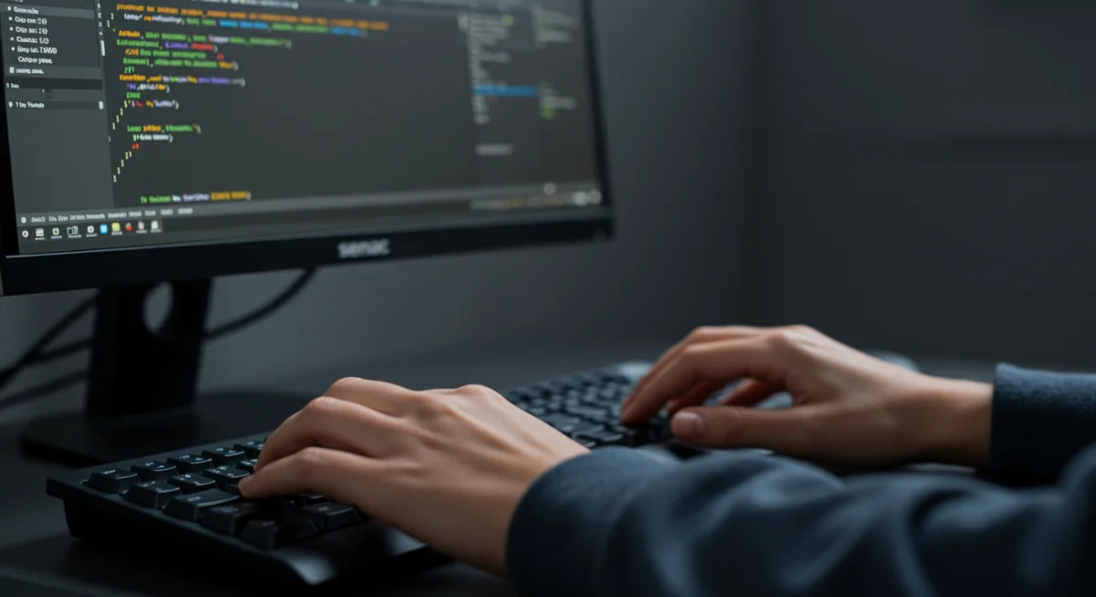 Mãos de estudante digitando em teclado de computador, representando cursos de tecnologia do Senac.