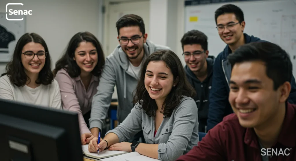 Jovens adultos em sala de aula, aprendendo novas habilidades com o apoio do Senac em 2026.