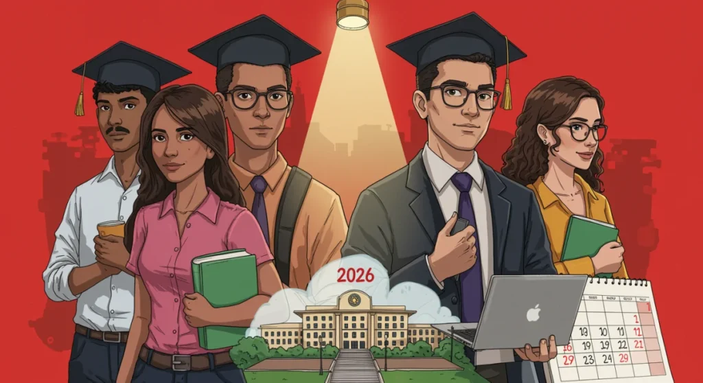 Jovens brasileiros se preparando para concursos públicos de 2026, com livros e computadores, simbolizando estudo e dedicação para alcançar melhores salários e vagas.