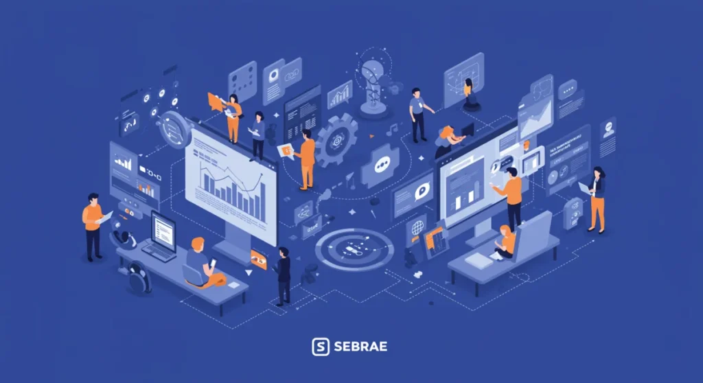 Imagem gráfica representando o SEBRAE 2026, com elementos de capacitação gratuita, empreendedorismo e inovação, simbolizando crescimento e oportunidades de aprendizado.