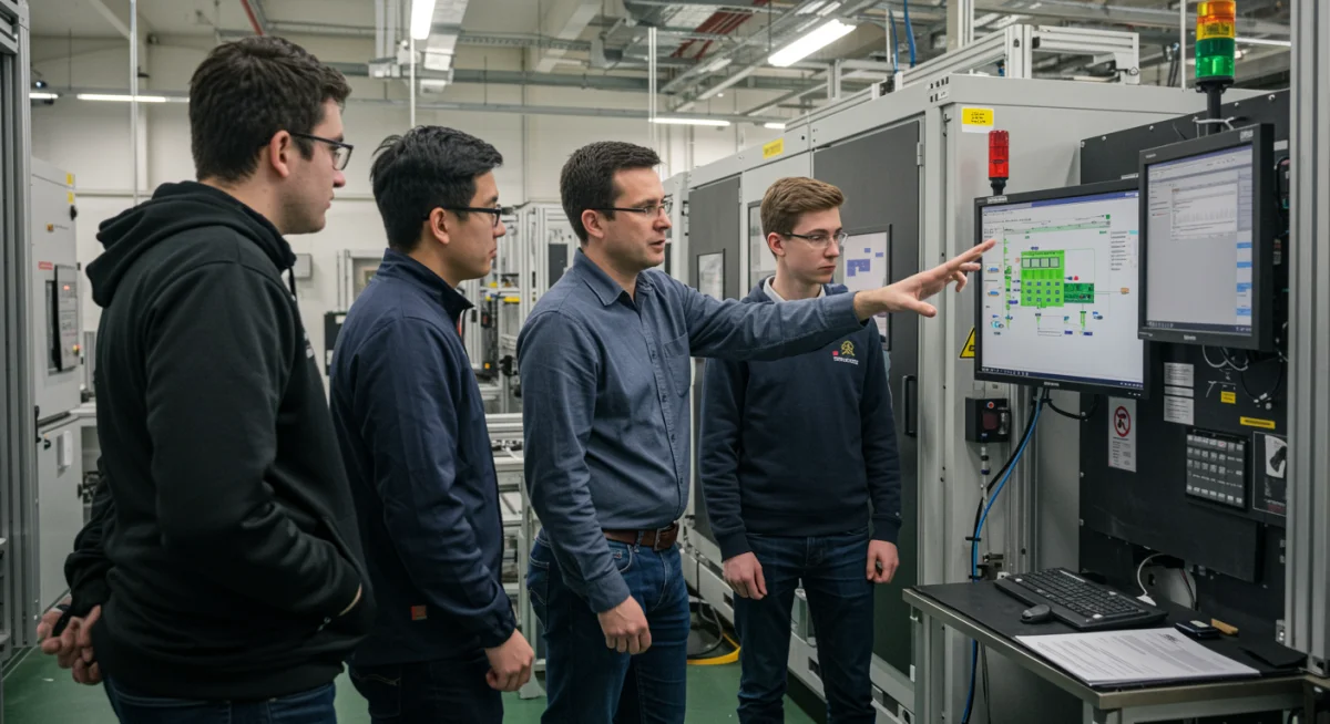 Instrutor do SENAI explicando sistema de automação industrial para alunos, foco em tecnologia e indústria 4.0.