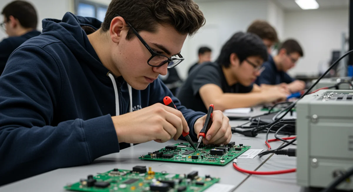 Estudante do SENAI trabalhando em placa de circuito eletrônico, destacando o aprendizado prático em tecnologia.