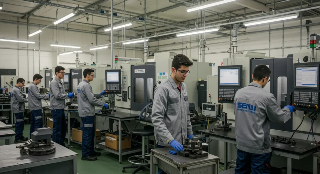 Jovens em uniforme do SENAI aprendendo em oficina técnica moderna, representando a alta empregabilidade futura.