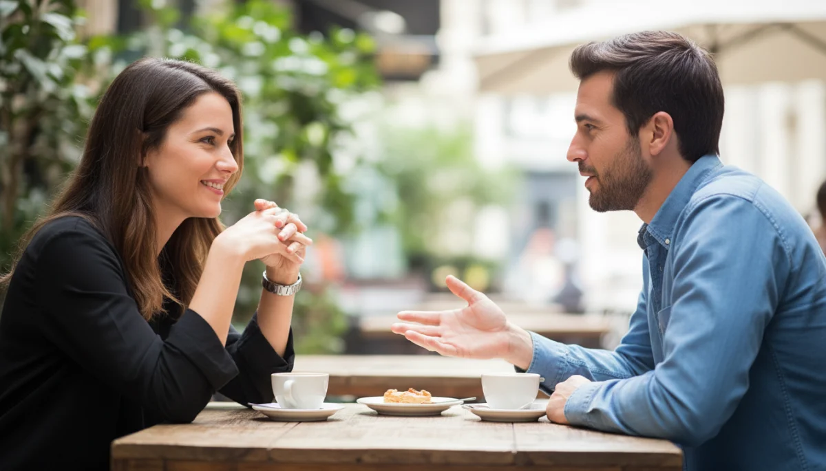 Couple demonstrating active listening and open body language on a date.