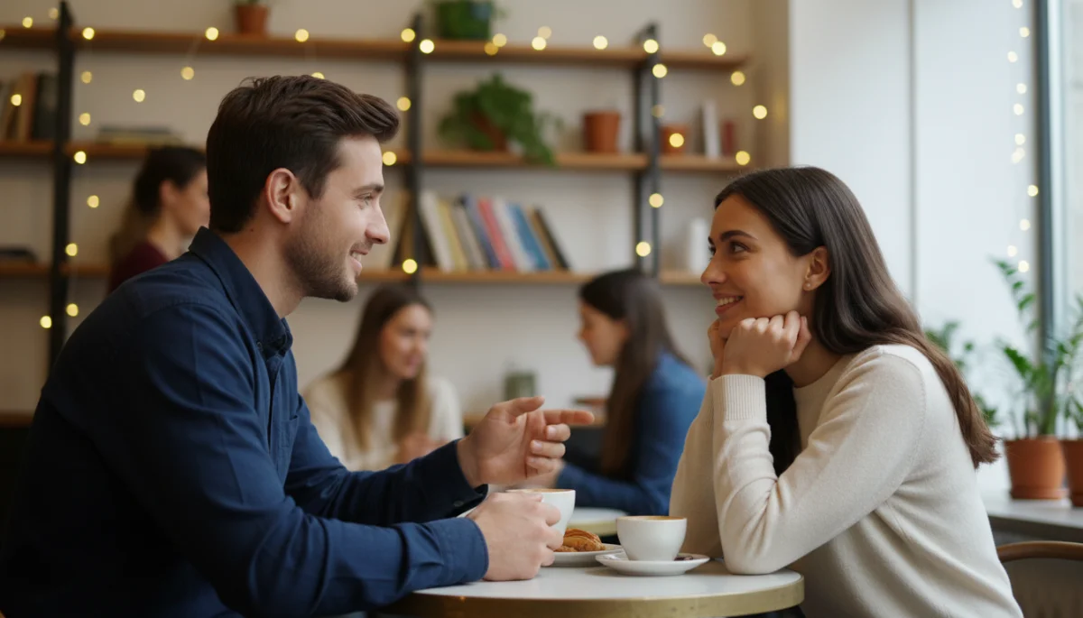 Engaged couple actively listening on a first date.