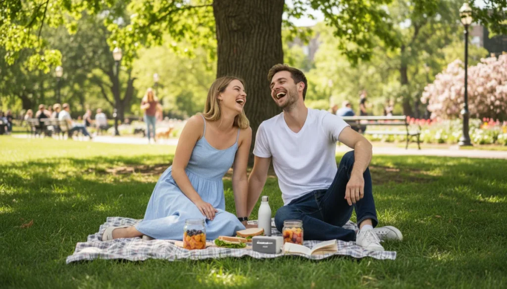 Couple on an affordable picnic first date in a sunny park, demonstrating budget-friendly romance.
