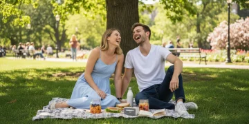 Couple on an affordable picnic first date in a sunny park, demonstrating budget-friendly romance.