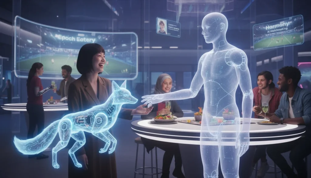 People interacting with AI companions and traditional dates, symbolizing modern relationship shifts