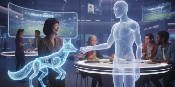 People interacting with AI companions and traditional dates, symbolizing modern relationship shifts