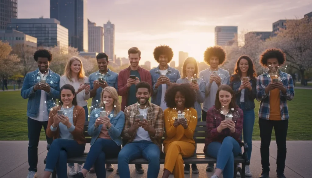 People using AI-enhanced dating apps on smartphones in a park