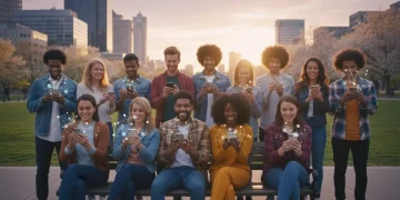 People using AI-enhanced dating apps on smartphones in a park