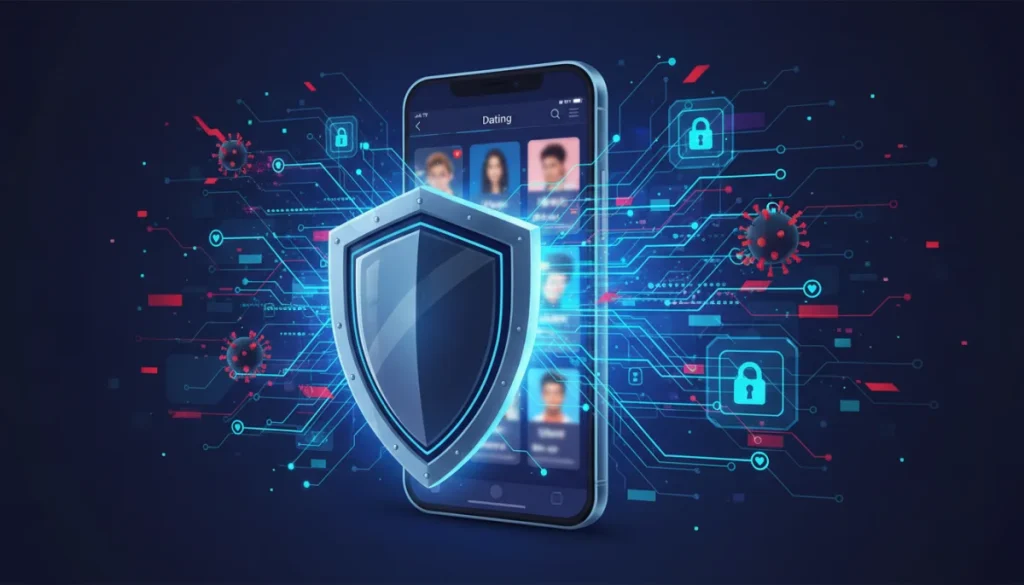 AI shield protecting dating app user data on a smartphone