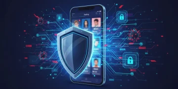 AI shield protecting dating app user data on a smartphone