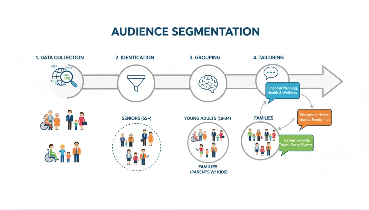Infographic showing audience segmentation leading to personalized message delivery.