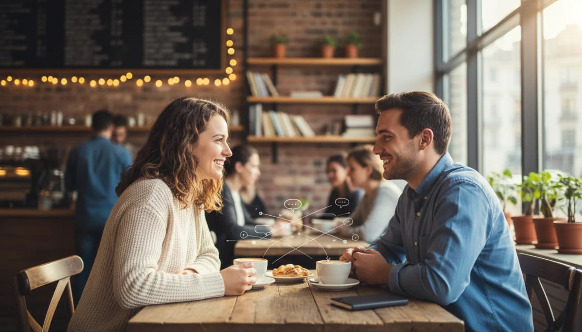 Couple enjoying coffee after building authentic bonds online