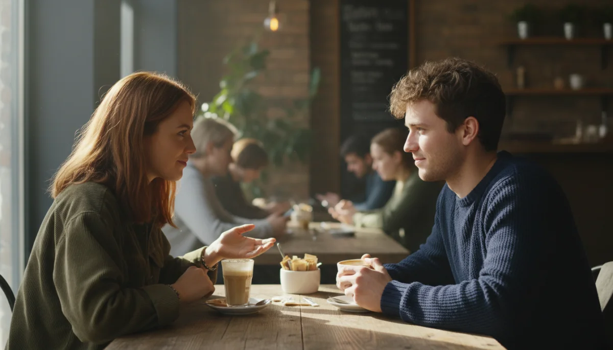 Young couple having a deep, authentic conversation over coffee.