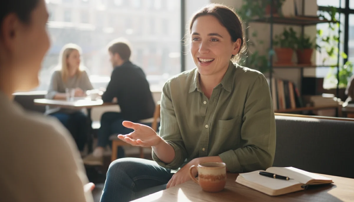 Person confidently and genuinely expressing themselves during a date.