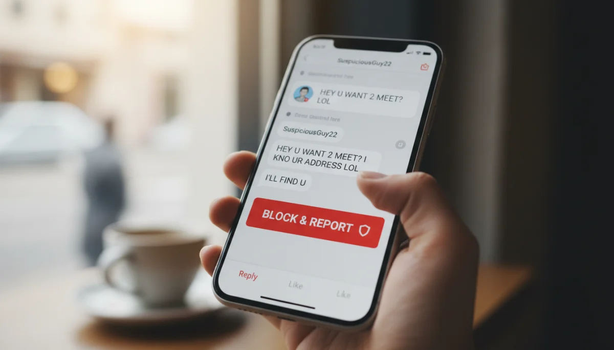 Person blocking suspicious user on dating app