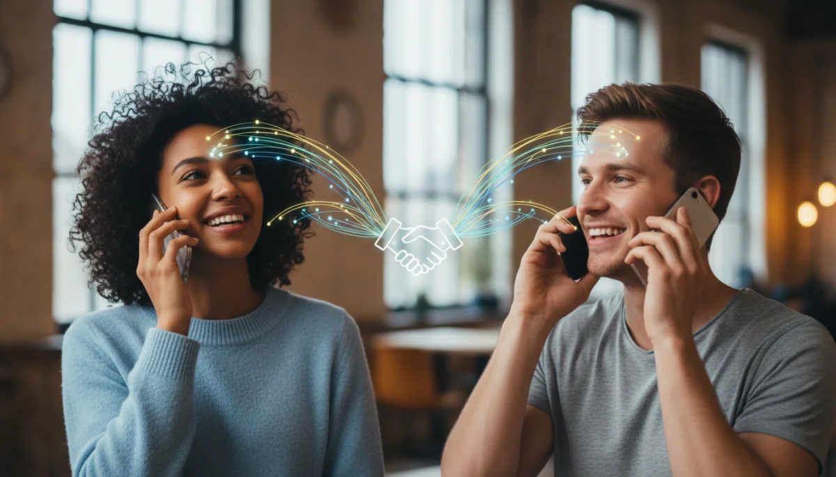 Happy couple enjoying a phone conversation, building rapport