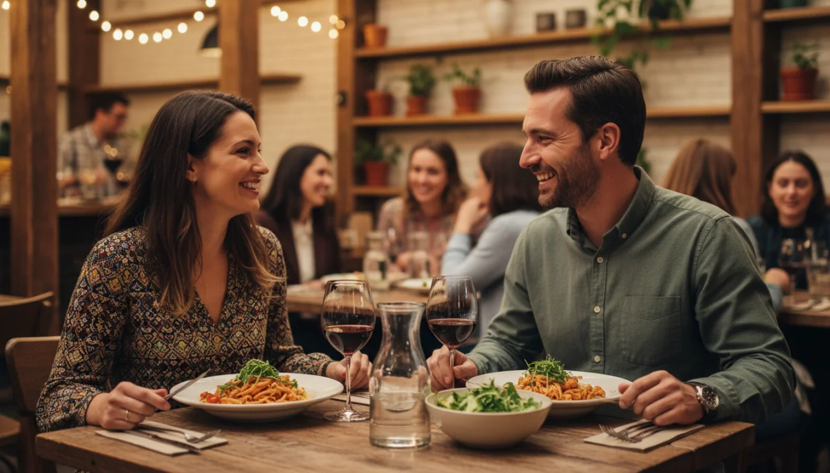 Couple on a first date enjoying dinner at a casual restaurant