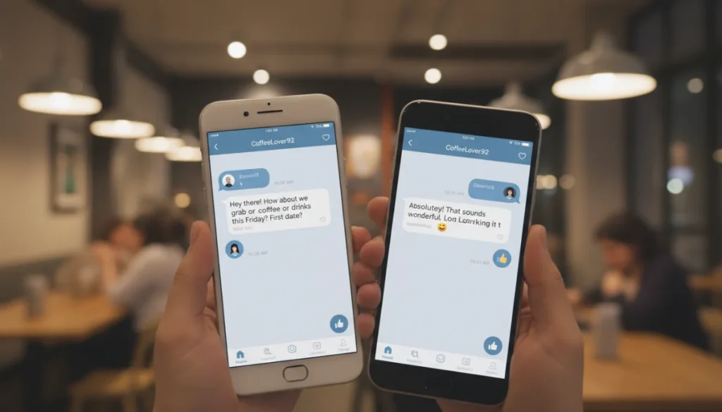 Smartphones displaying a dating app chat about moving from chat to first date.