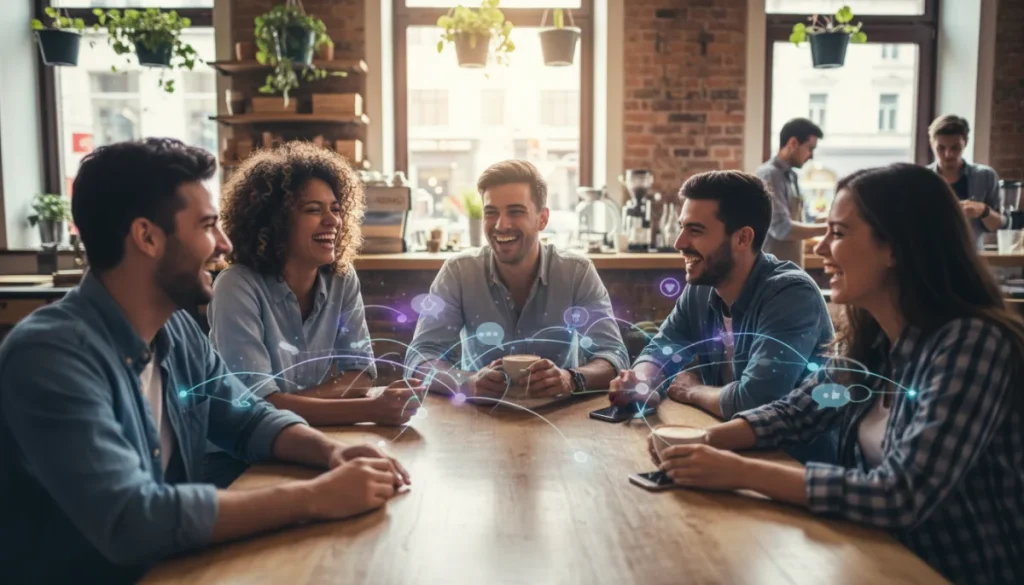 People transitioning from online chats to in-person dates, meeting at a vibrant cafe.