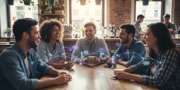 People transitioning from online chats to in-person dates, meeting at a vibrant cafe.